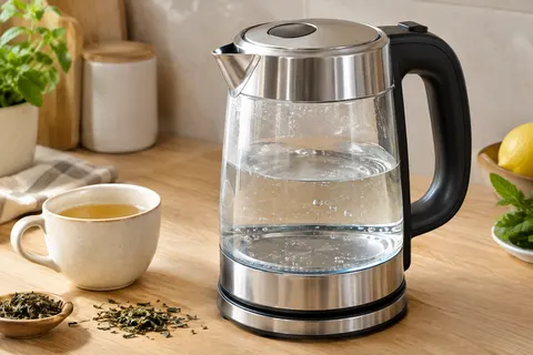 Bouilloire compacte en verre transparent et inox brossé posée sur un plan de travail en bois clair
