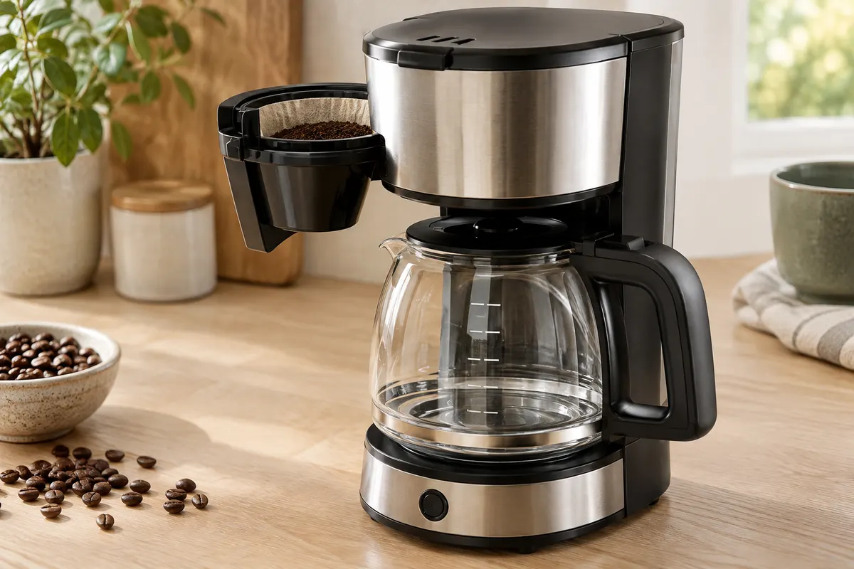 Cafetière filtre Severin compacte en inox brossé et noir avec verseuse en verre graduée