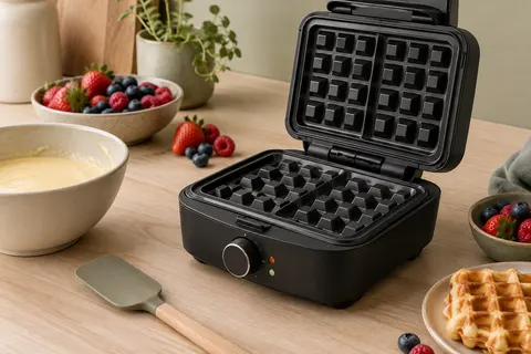 Gaufrier Severin noir compact ouvert sur un plan de travail en bois clair, avec pâte et fruits frais.