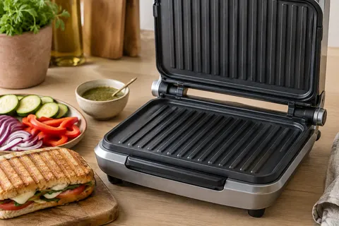 Gril compact gris métallique et noir posé sur un plan de travail, avec un panini et des légumes frais