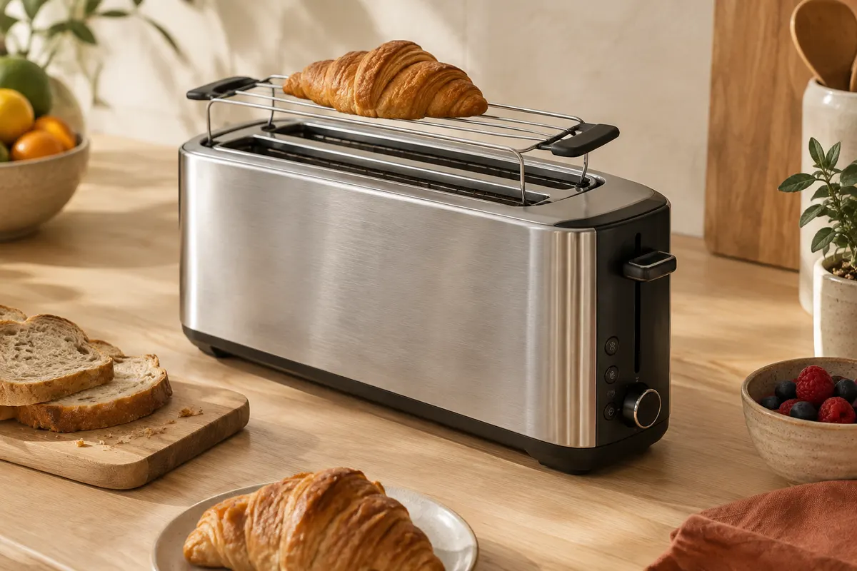 Grille-pain Severin inox et noir à deux fentes longues, avec support à viennoiseries sur un plan de travail clair.