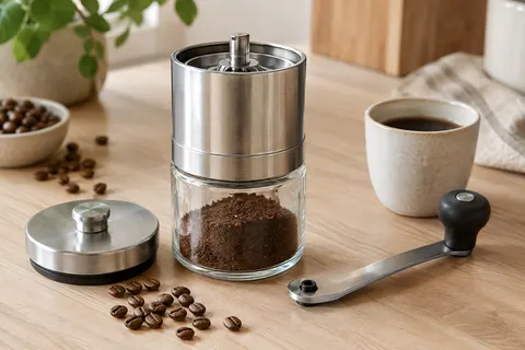 Moulin à café manuel argenté avec récipient en verre et manivelle amovible sur un plan de travail clair
