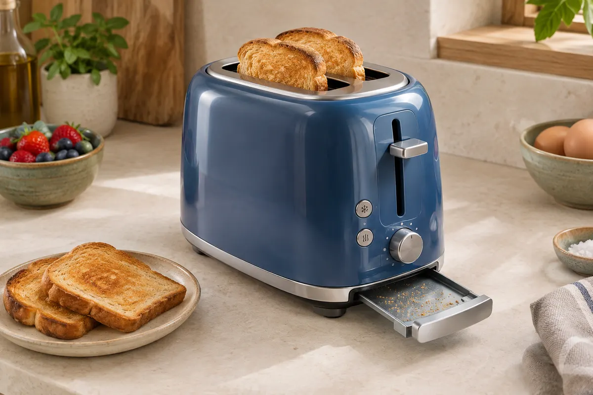 Grille-pain Smeg bleu orage à deux fentes, posé sur un plan de travail en pierre crème.
