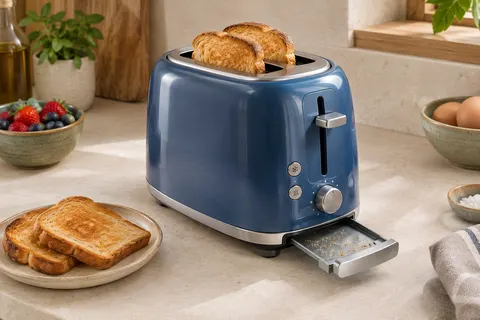 Grille-pain Smeg bleu orage à deux fentes, posé sur un plan de travail en pierre crème.