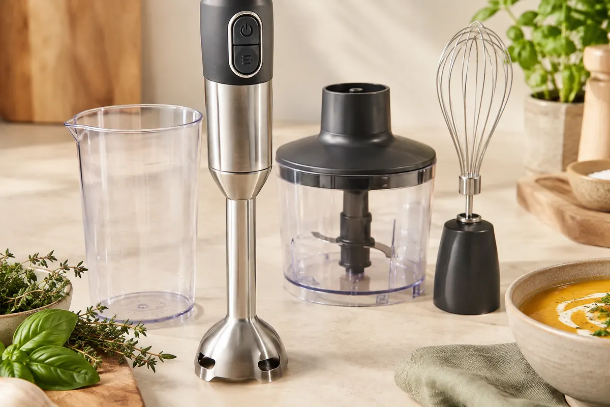 Mixeur plongeant à pied inox présenté avec son bol, son hachoir et son fouet sur un plan clair.