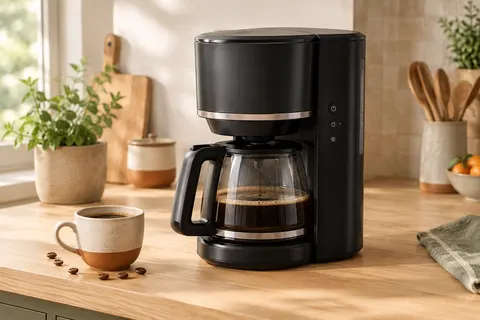Cafetière filtre programmable noire Taylor Swoden avec carafe et filtre réutilisable sur un plan de travail clair