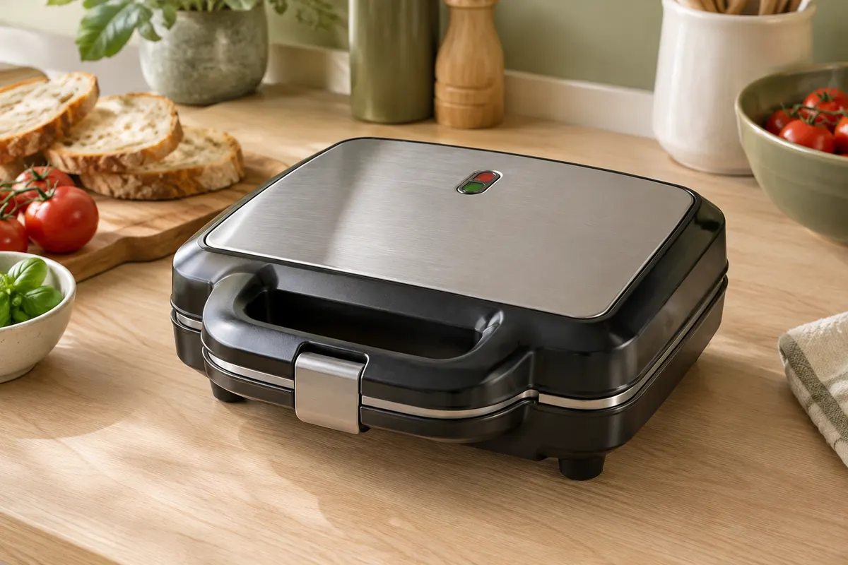 Appareil à croque-monsieur compact noir et inox posé sur un plan de travail en bois clair