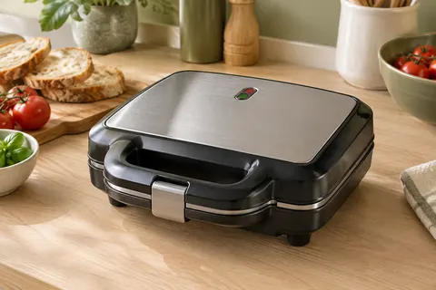 Appareil à croque-monsieur compact noir et inox posé sur un plan de travail en bois clair