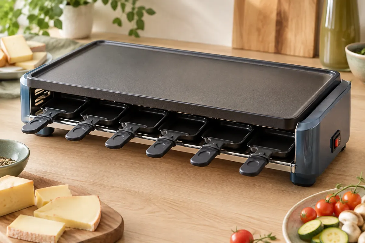 Appareil à raclette bleu acier avec plaque grill et crêpes et huit coupelles pour la table
