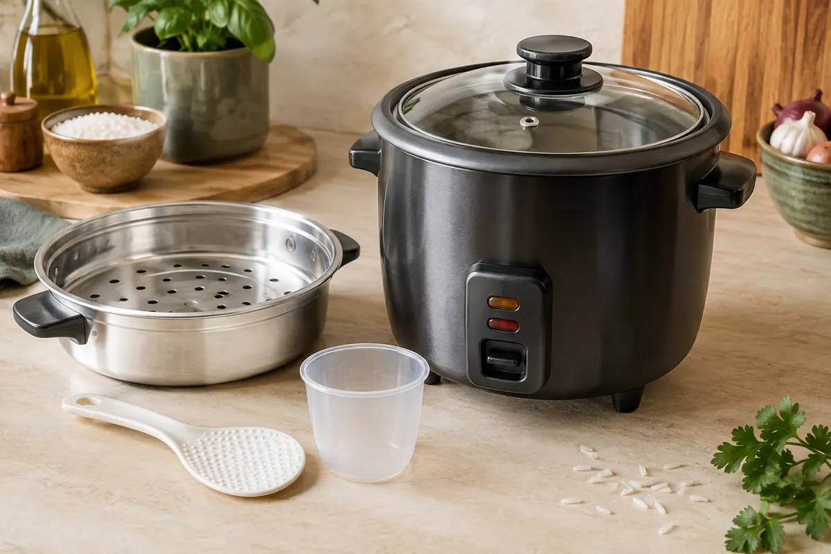 Cuiseur à riz noir métallisé avec couvercle en verre, panier vapeur, cuillère et verre doseur