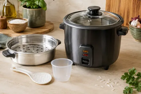 Cuiseur à riz noir métallisé avec couvercle en verre, panier vapeur, cuillère et verre doseur