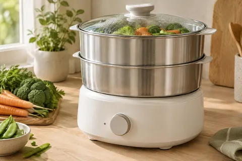 Cuiseur vapeur blanc Tefal avec deux bols en acier inoxydable empilables et couvercle en verre