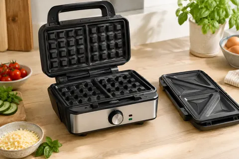 Gaufrier croque-monsieur noir et inox avec ses plaques amovibles pour sandwiches et gaufres