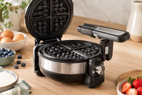 Gaufrier rotatif noir et inox aux plaques ouvertes, posé sur un plan de travail en bois clair