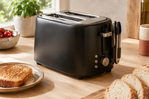 Grille-pain noir à deux fentes avec commandes visibles, pinces aimantées et tranches de pain sur un plan de travail