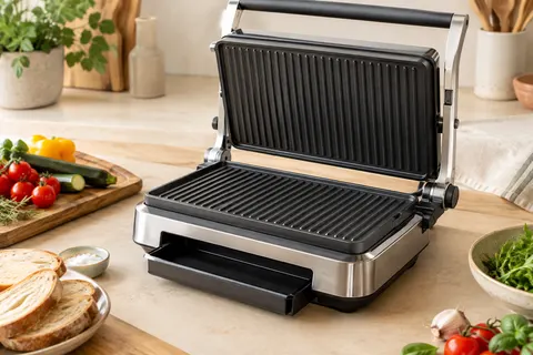 Grill de contact Tefal argenté ouvert sur un plan de travail, avec plaques antiadhésives et bac amovible.
