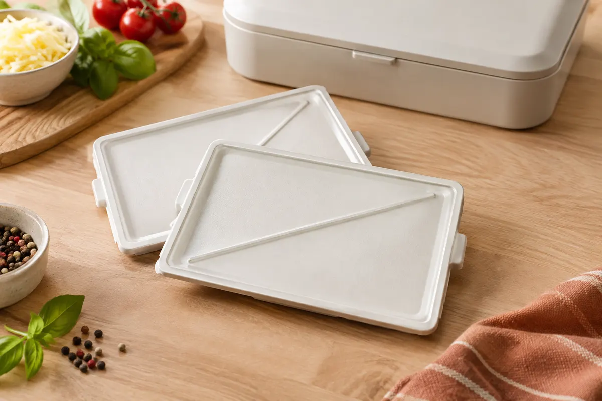 Deux plaques rectangulaires antiadhésives pour croque-monsieur présentées avec leur boîte de rangement