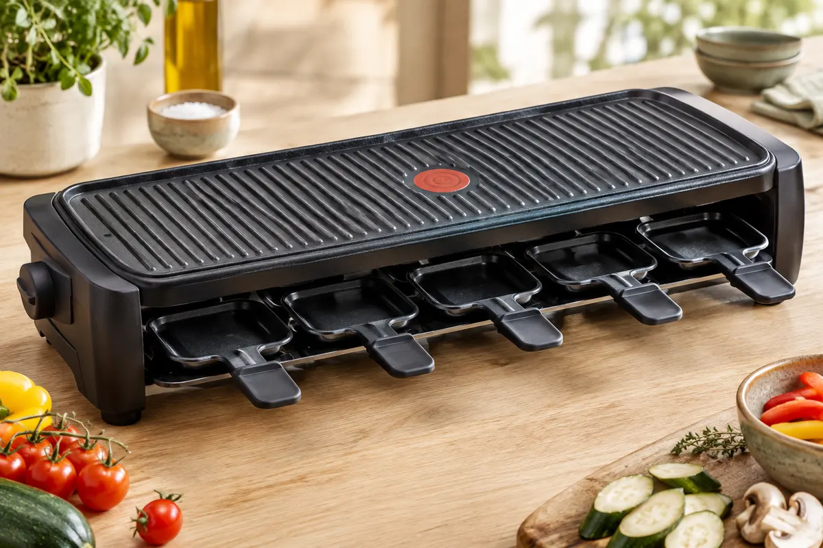 Appareil à raclette et grill noir avec dix coupelles et plaque à grille, présenté sur un plan de travail clair.