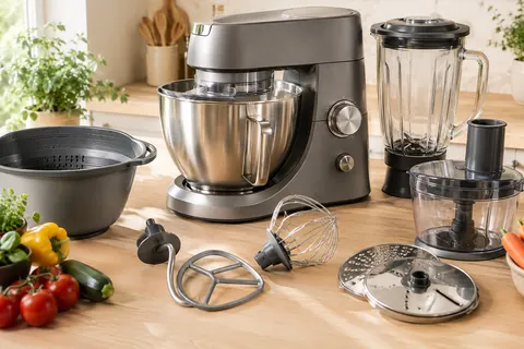 Robot multifonction gris avec bol de préparation, blender et accessoires en acier inoxydable sur un plan de travail clair.