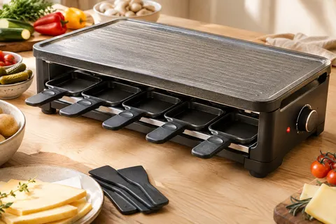 Appareil à raclette noir avec plaque grill, huit poêlons et spatules présenté sur une table en bois clair