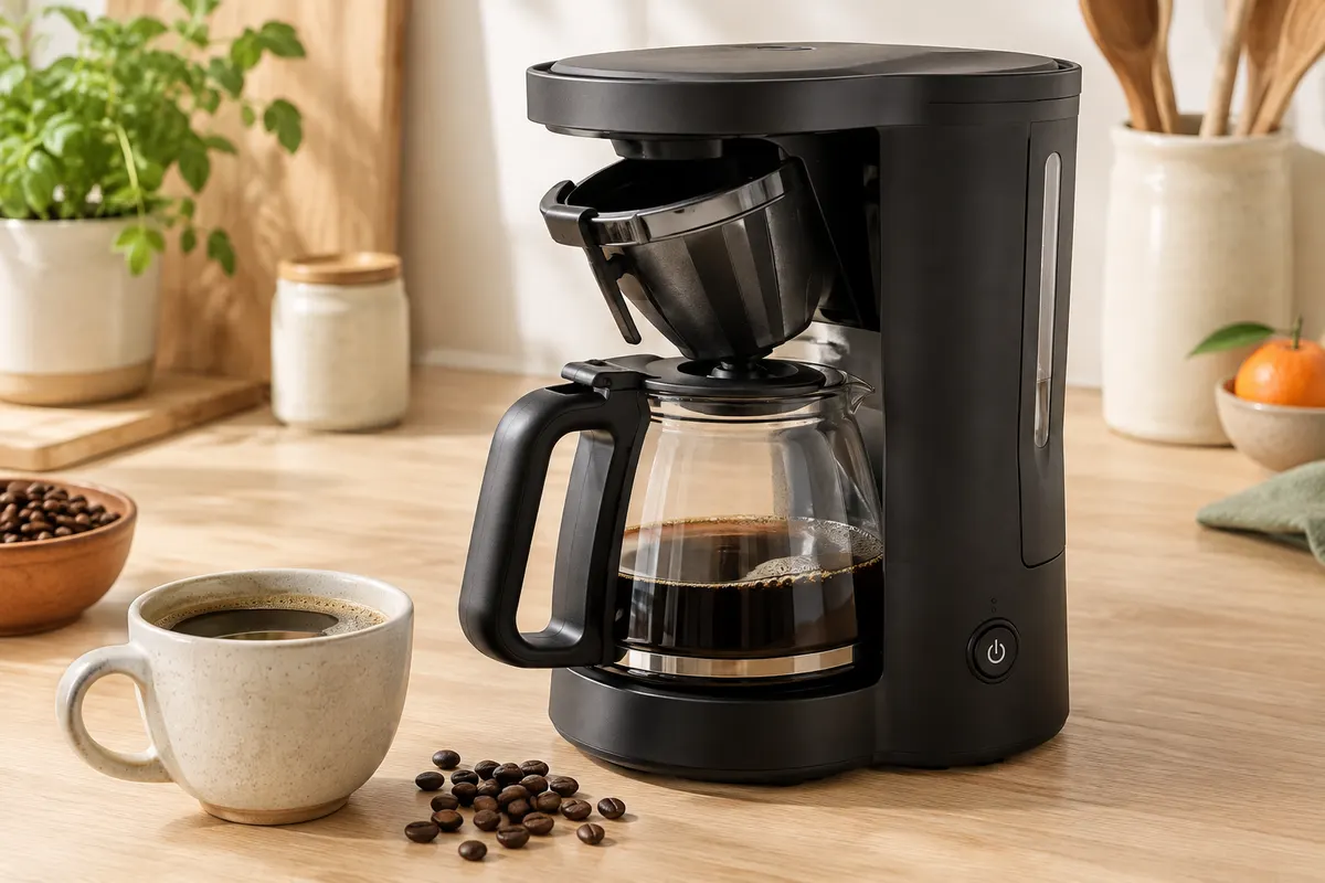 Cafetière filtre Tristar noire et compacte avec verseuse en verre, posée sur un plan de travail clair.