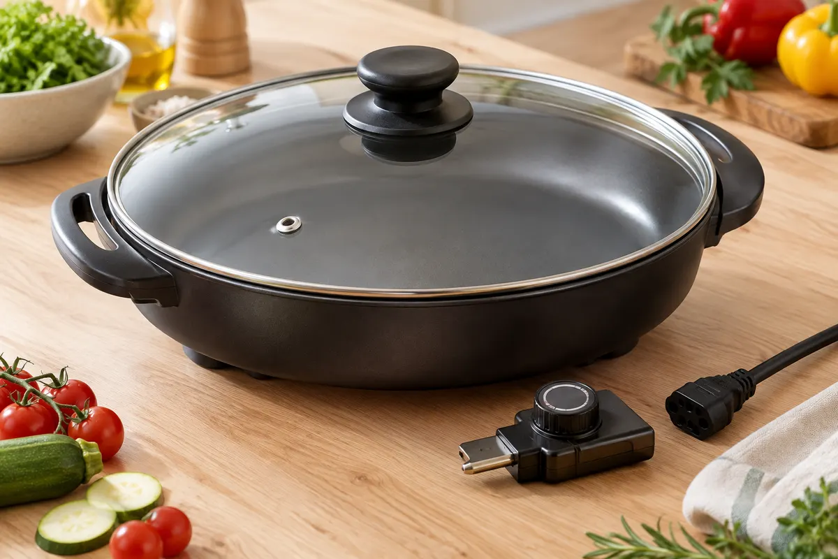Poêle électrique noire Tristar avec large surface de cuisson et couvercle transparent posé sur un plan de travail.