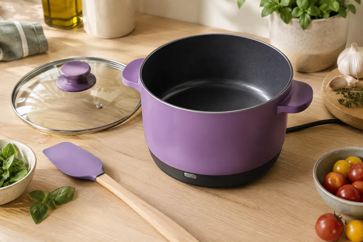 Casserole électrique compacte violette avec couvercle en verre et spatule en silicone sur un plan de travail clair.