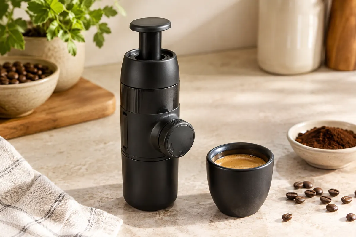 Machine expresso manuelle noire Wacaco Minipresso GR et tasse à espresso sur un plan de travail clair