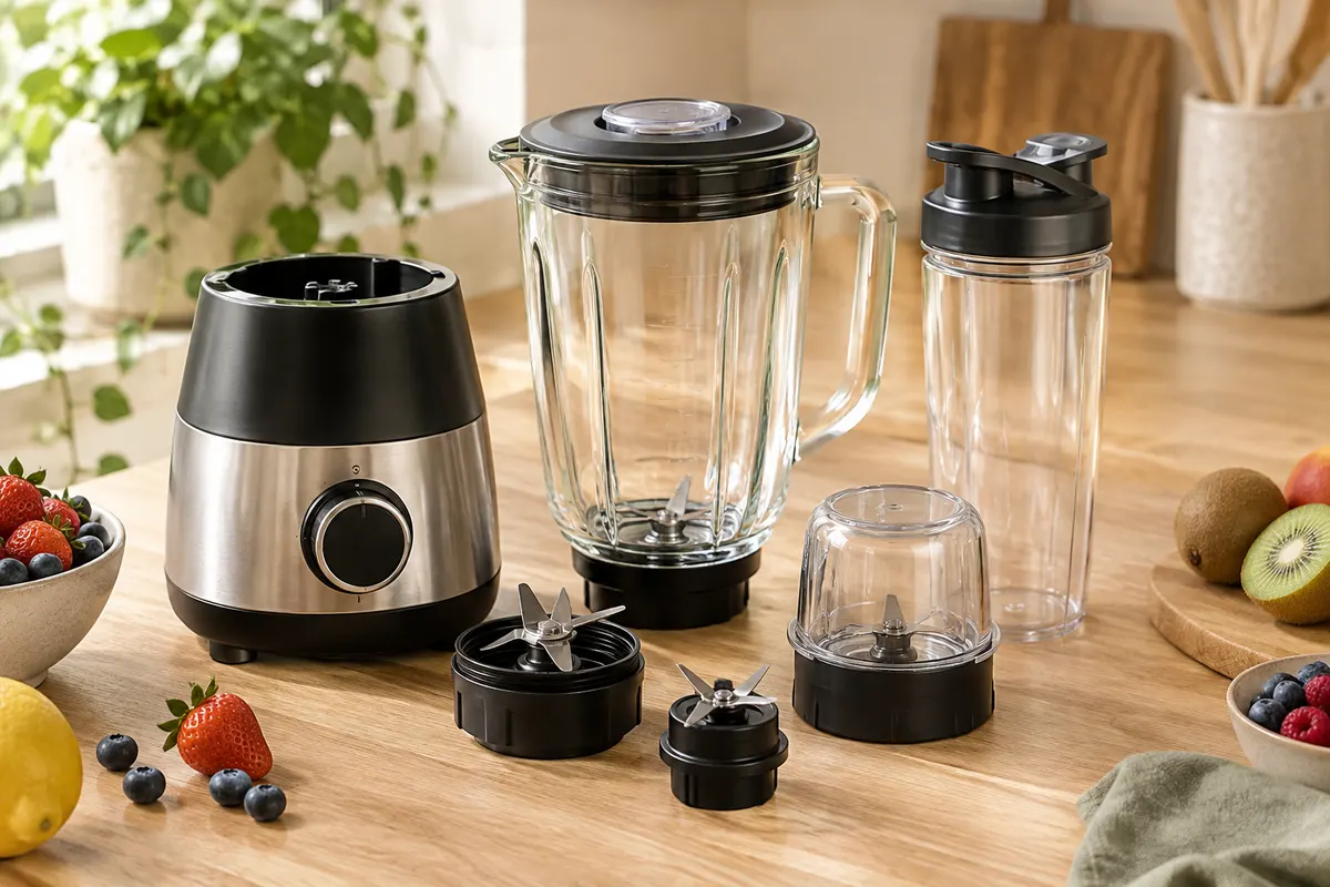 Blender noir et argent WAWORIO avec bol, bouteille de sport et récipient de broyage