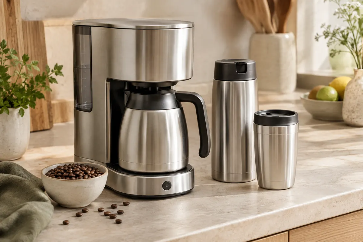 Cafetière filtre compacte en inox argenté avec carafe isotherme et mug nomade assortis