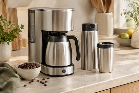 Cafetière filtre compacte en inox argenté avec carafe isotherme et mug nomade assortis