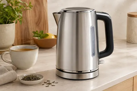 Bouilloire électrique inox WMF Lono sur sa base, posée sur un plan de travail clair près d’une tasse.