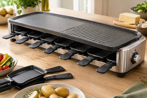 Gril à raclette argenté avec plaque amovible, huit poêlons et spatules sur un plan de travail clair