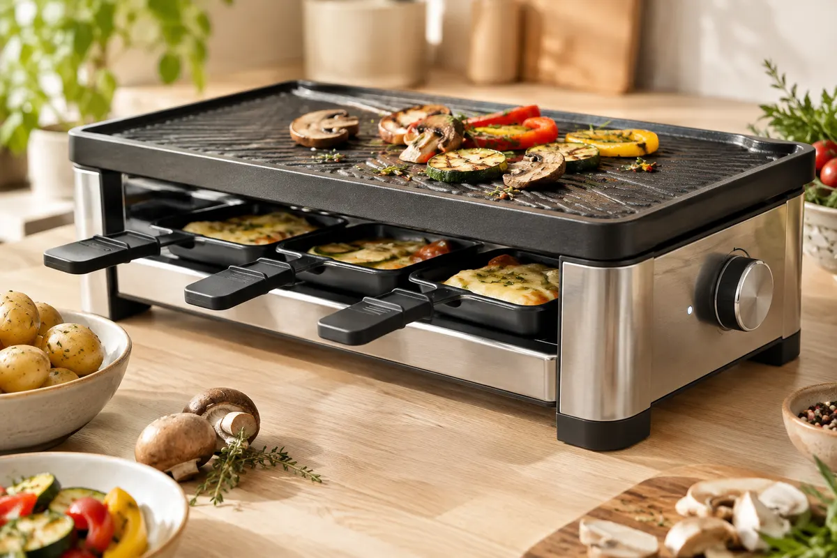 Gril à raclette WMF Lono en acier inoxydable mat avec plaque de cuisson et poêlons sur un plan de travail en bois clair.