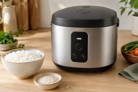 Cuiseur à riz Yum Asia argenté avec couvercle noir, posé sur un plan de travail en bois clair