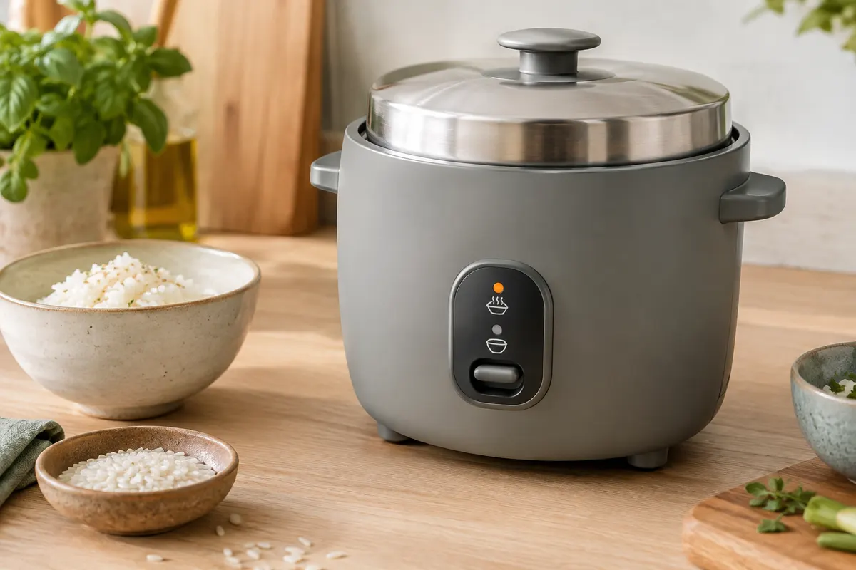 Cuiseur à riz compact gris galet avec bol en céramique et accessoires sur un plan de travail clair.