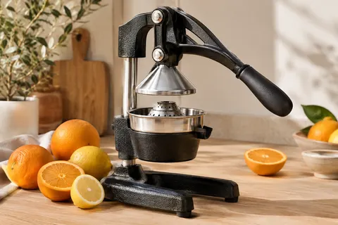 Presse-agrumes manuel noir à levier, avec bol inox, posé sur un plan de travail près d’oranges et de citrons.