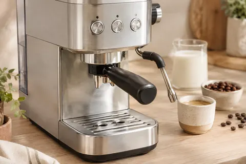Machine expresso manuelle De’Longhi Dedica Style en métal, avec porte-filtre et buse vapeur sur un plan de travail clair.