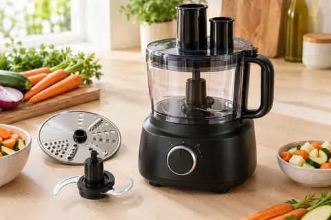 Robot multifonction FOHERE noir avec bol, double goulotte et accessoires de râpe et de hachage.