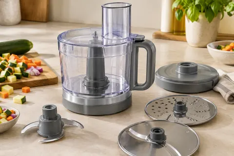 Accessoire Kenwood MultiPro argenté avec bol, couvercle et disques de coupe sur un plan de travail clair