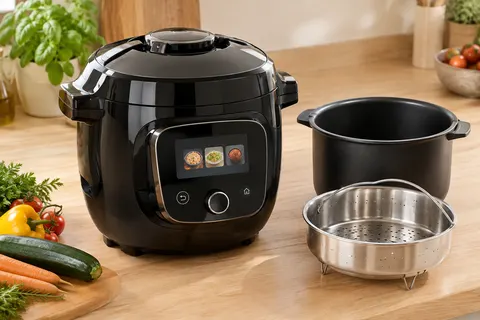 Multicuiseur Cookeo Touch noir avec écran incliné, cuve et panier vapeur sur un plan de travail clair.