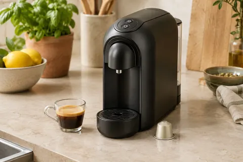 Machine à capsules Nespresso Inissia noire mate posée sur un plan de travail clair avec une tasse d’espresso