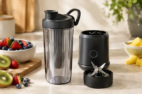 Blender portable noir avec tasse, couvercle à bec verseur et accessoires sur un plan de travail clair.