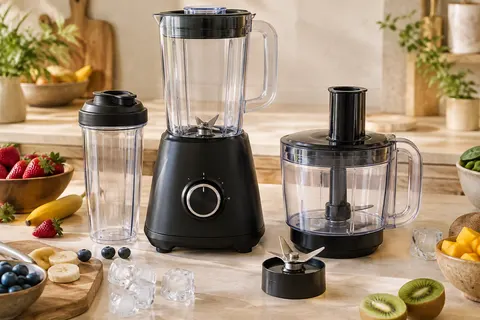 Robot multifonction noir avec carafe, bol, gobelet individuel et accessoires de préparation sur un plan de travail
