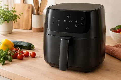 Friteuse sans huile Philips noire avec écran tactile, posée sur un plan de travail clair avec des légumes