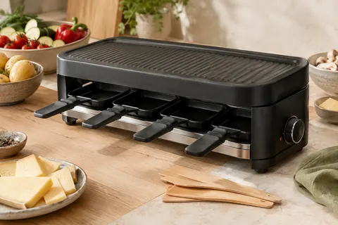 Appareil à raclette noir avec poêlons et spatules en bois, posé sur un plan de travail clair