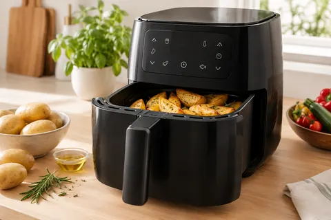 Friteuse sans huile noire Russell Hobbs avec écran tactile et grand panier sur un plan de travail clair