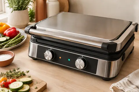 Grill électrique Tefal au format XL, finition inox et noir, posé sur un plan de travail en bois clair.