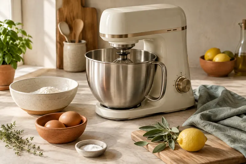 Appareil de cuisine et accessoires disposés sur un plan clair, prêts à être comparés avant le choix.